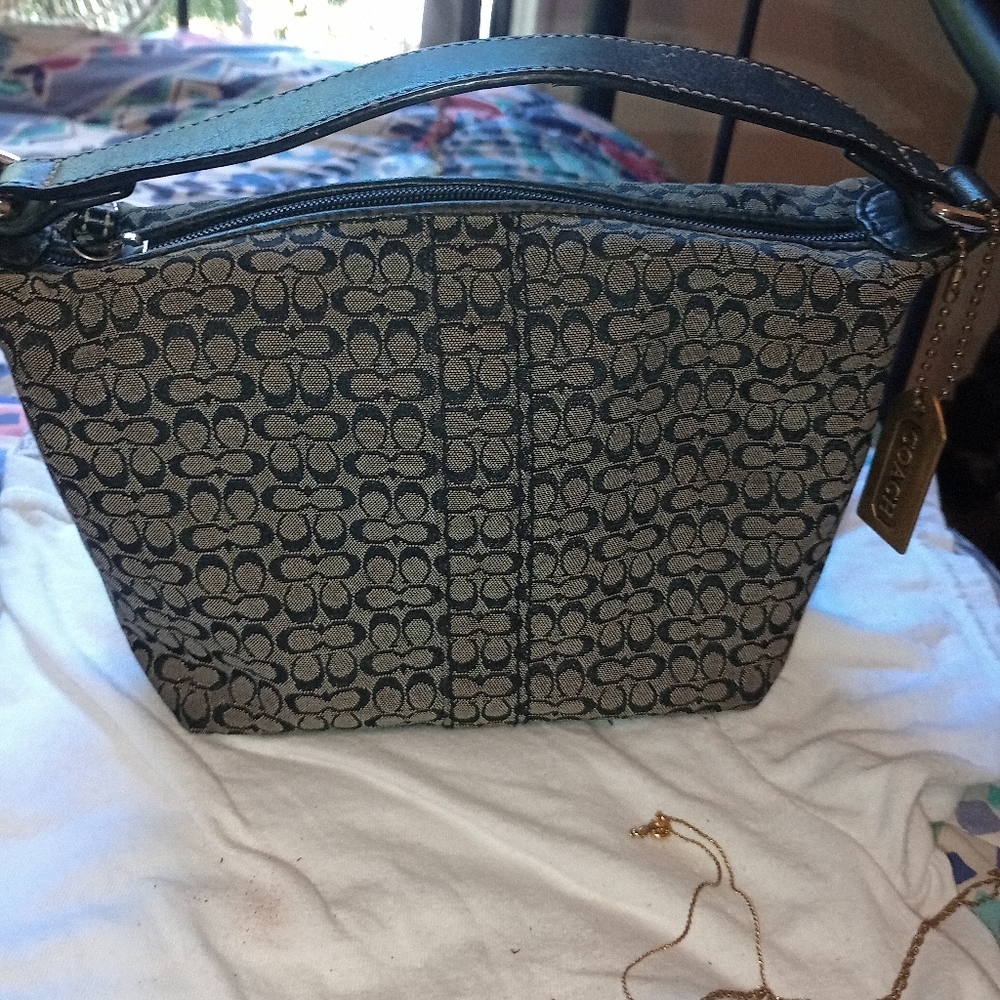 Coach logo mini bag.   Black logo on gray fabric.